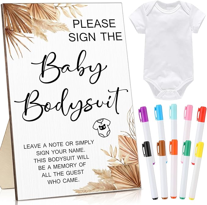 Qunclay 12 Pcs Baby Shower Game Decor with White Unisex Bodysuit Wooden Sign Tabletop Decor and Marker for Guests(Boho)