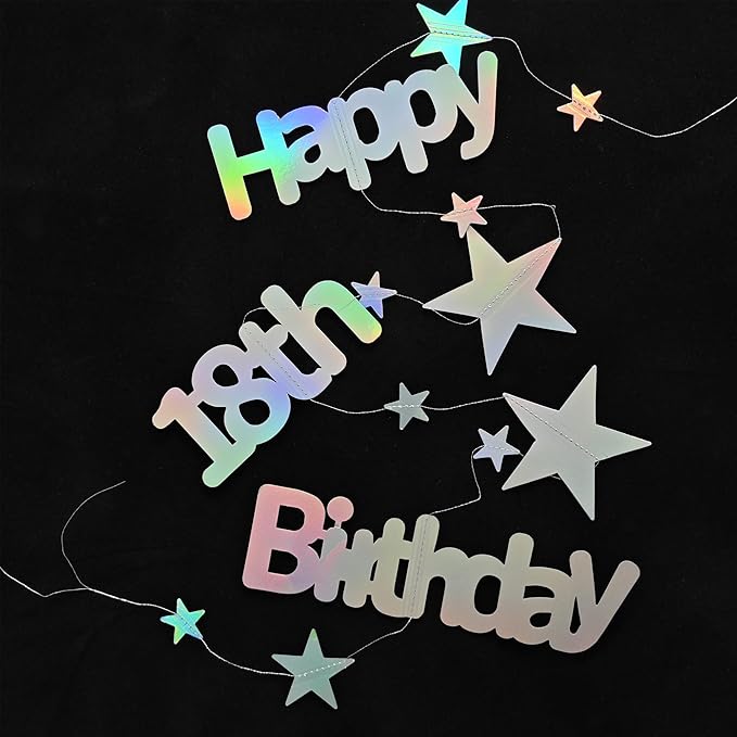 18th Birthday Decorations for Girls Iridescent Metallic Twinkle Star Garland Hanging Streamers Pre-Strung Eighteen Banner 18 Year Old Backdrop Decor Party Supplies