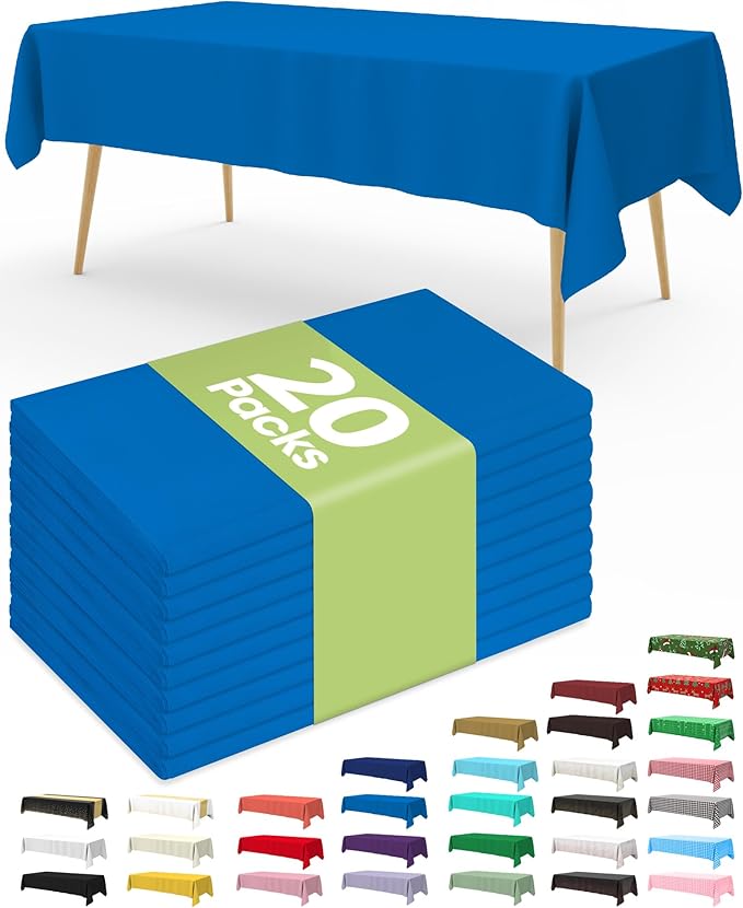 Pureegg Plastic Table Cloth Disposable 20 Pack, 54 x 108 Inch Table Cloths, Graduation Decorations Class of 2025, Graduation Party Tablecloths, Rectangle, Plastic Cover, Leakproof & Sturdy, Blue
