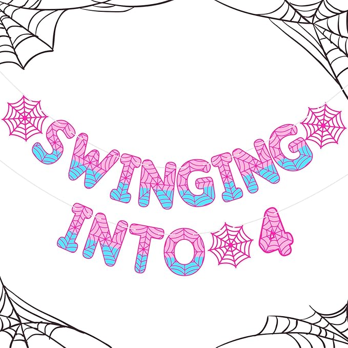TaoBary Spider Theme 4th Birthday Banner, Pre-strung Swinging into 4 Banner, Spider 4th Birthday Decorations Party Supplies for Kids, Fourth Decor for 4 Year Old Boys Girls (Pink and Blue)