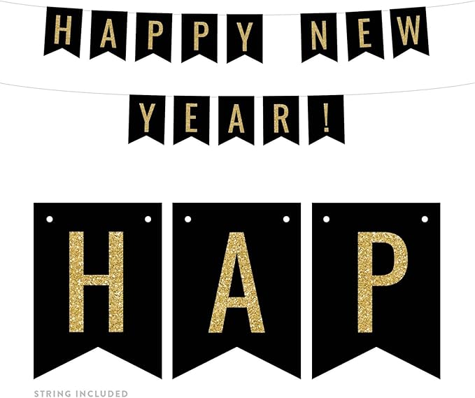 Andaz Press Faux Gold Glitter on Black Party Banner Decorations, Happy New Year!, Approx 5-Feet, 1-Set, Going Away Study Abroad Graduation Retirement Colored Hanging Pennant Decor