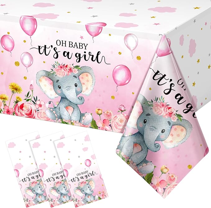 3 Pack Elephant Baby Shower Decorations - Plastic Tablecloth Table Cover Backdrop for Boy Girl Gender Party Supplies, 54 x 108 Inch, Pink