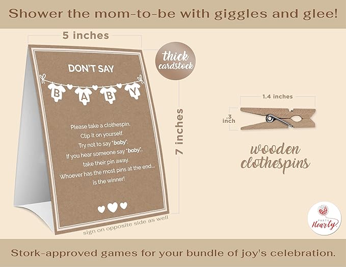 Party Hearty Baby Shower Games for Girl & Boy, Don't Say Baby Game,1 Sign and 50 Mini Natural Clothespins, Shower Game Ideas
