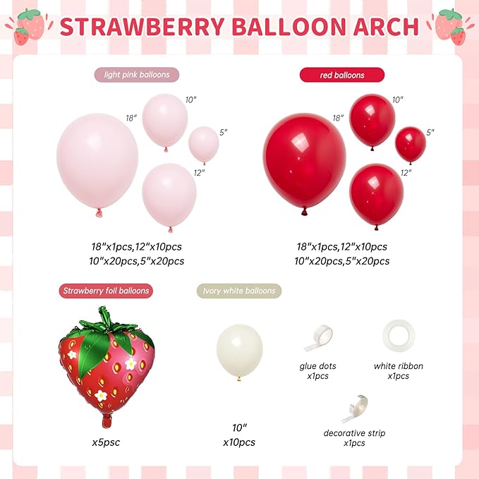 120pcs Strawberry Balloon Arch Garland Kit, Red and Pink Balloons with 27inch Strawberry Foil Balloons for Sweet One Berry First Birthday Baby Shower Strawberry Party Decorations