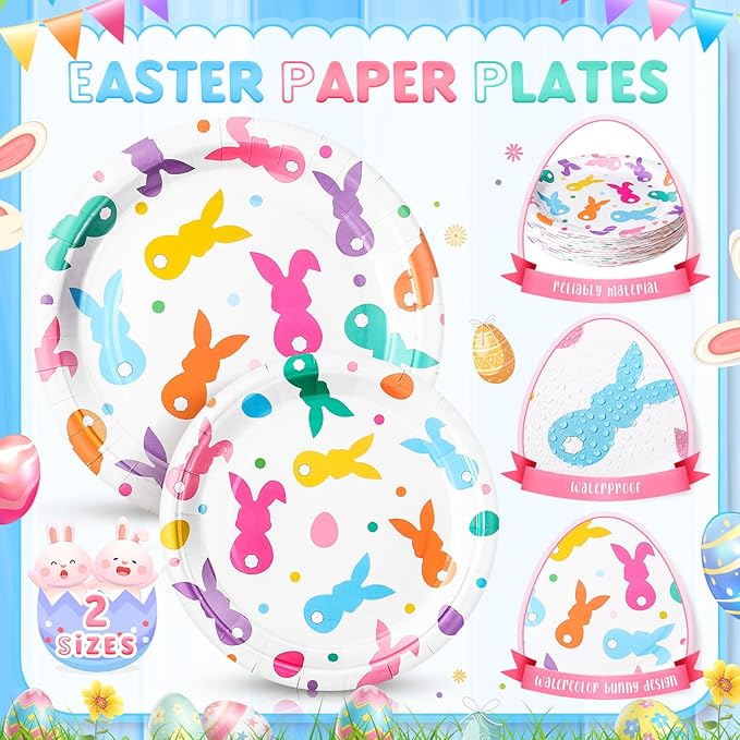 Honeydak 210 Pcs Easter Plates and Napkins Serve 30 Pastel Colorful Bunny 7" and 9" Rabbit Plates Napkins and Forks Tableware for Spring Holiday Easter Party Table Decor Supplies
