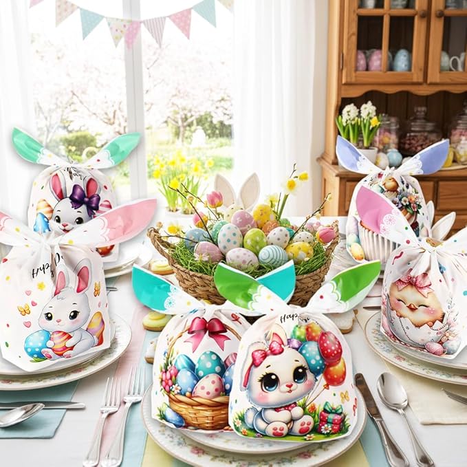 Easter Goodies Bags, Happy Easter Gift Bags, 100 Pcs Cute Bunny Plastic Treat Candy Cookie Snack Goody Reusable Bag for Gifts Wrapping Spring Holiday Easter Party Favor Decorations Supplies 6 Designs
