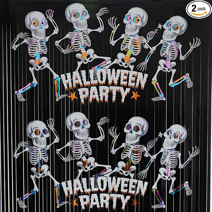 GOER Foil Curtain Backdrop for Halloween Party Decorations| Metallic Tinsel Halloween Theme Photo Booth Props (2 Pcs)