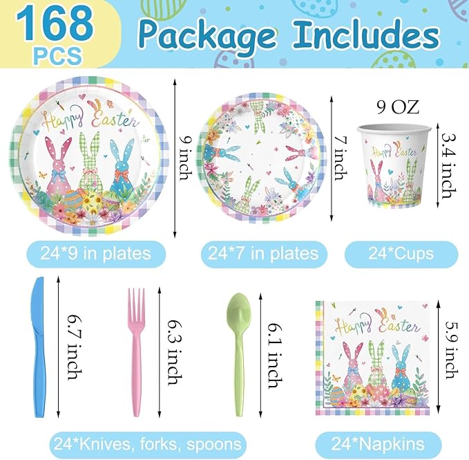 Easter Day Party Disposable Set for 24 Guests - Complete 9'' & 7'' Paper Plates, Napkins, Cups, Knives, Forks & Spoons | Perfect for Easter Brunch, Spring Gatherings, Holiday,Birthday
