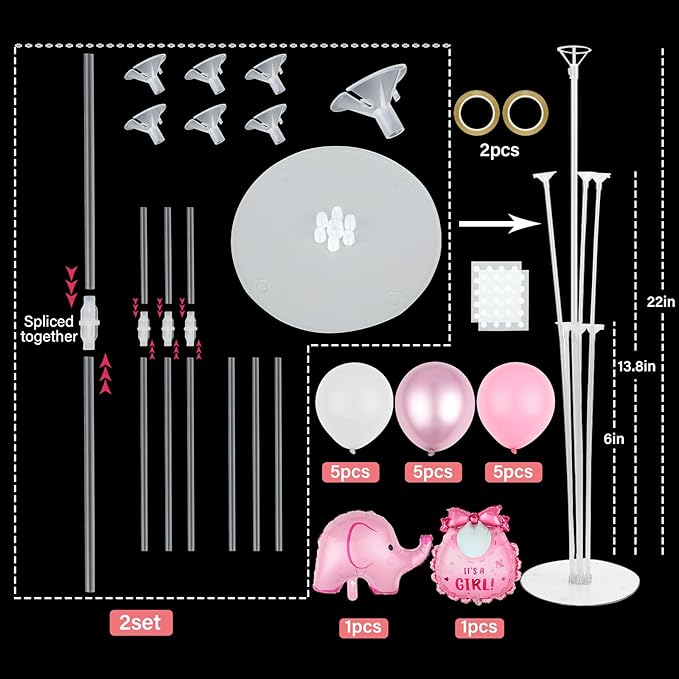 Elephant Baby Shower Decorations Party Balloons Stand Kit 2 Sets with Pink Elephant Foil Balloons Elephants It's a Girl Party Balloon Centerpieces for Tables for Girl Baby Shower Birthday Decorations