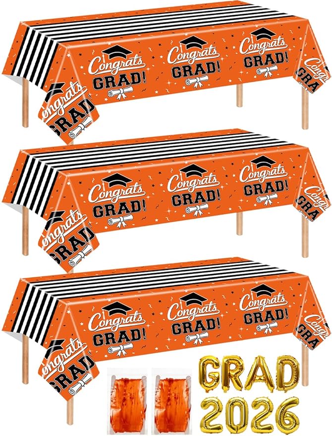 7-Pack Graduation Party Decorations Set, 3 Orange Graduation Tablecloths 54x108in, 2026 and Grad Balloons, 2 Foil Fringe Curtains for High School College Graduation Party Photo Booth