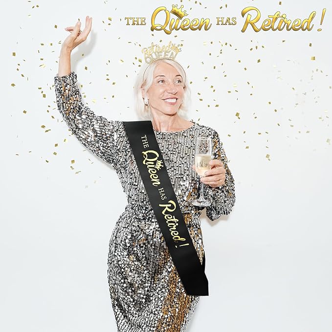 Retirement Gifts for Women - Retired Women Retirement Party Decorations, Black Gold Sash and Tiara -The Queen Has Retired! Queen Theme Party Favors, Rhinestone Headband.