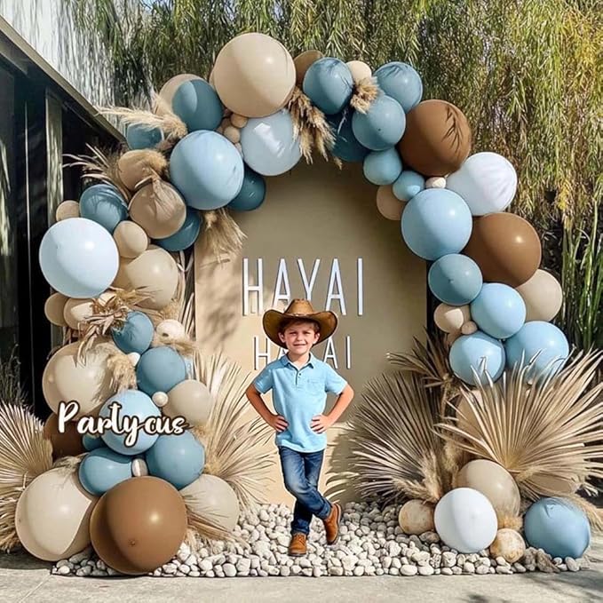Dusty Blue Brown Balloon Arch Kit Double Stuffed Pastel Baby Blue Dark Brown Tan Coffee White Sand Latex Balloon Garland for Neutral Birthday Bear Western Cowboy Party Decoration