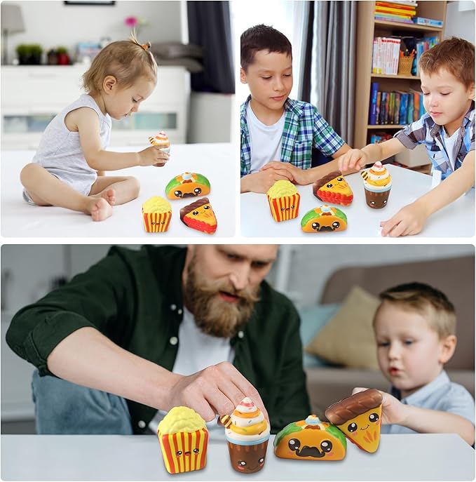 4 Pcs Slow Rising Food Toys for Kids, Kawaii Foam Squishy Toys in Taco Hamburger Coffee Cup Pizza Stress Relief Squeeze Toy for Holiday Carnival Goodie Bag Stuffers