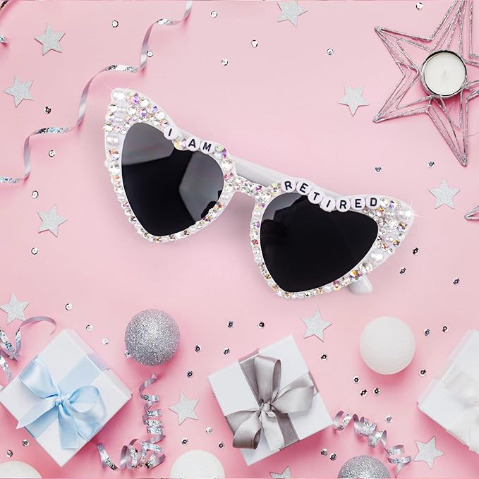 Retirement Party Decorations - Retirement Glasses for Women, White Heart Happy Retirement Eyeglasses Party Supplies, Funny Farewell Retired Party Sunglasses Photo Props Decor