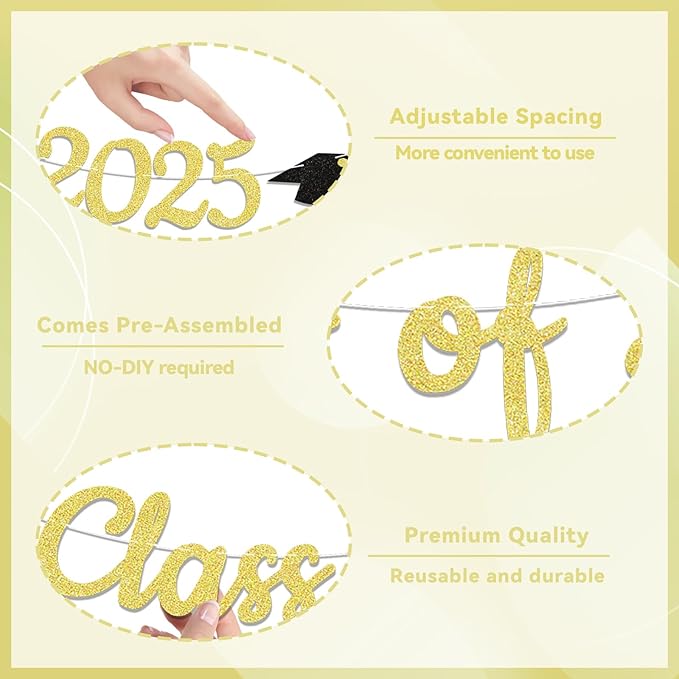 Class of 2025 Banner - 2025 Graduation Party Decorations, We are So Proud of You Banner, Congrats Grad Party Supply (Gold)