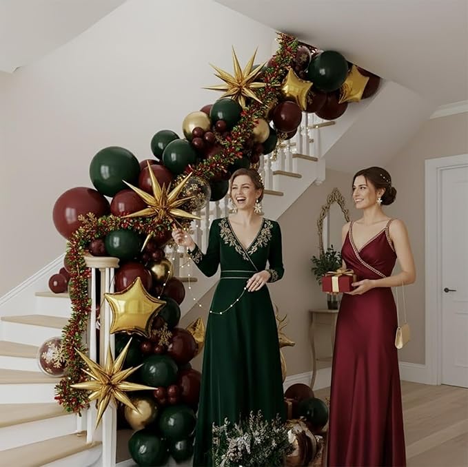 Christmas party decorations with Maroon Hunter Green Gold confetti Balloon arch & foil Star balloons & Artificial Snowflake Xmas Garland for Winter friendsmas new year party decorations (Maroon)
