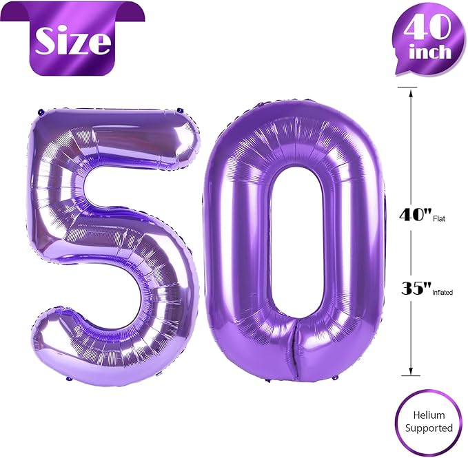 Purple Number 50 Balloon 40 Inch, 50th Birthday Party Decorations for Children, Giant 50 Foil Balloon for Party Supplies