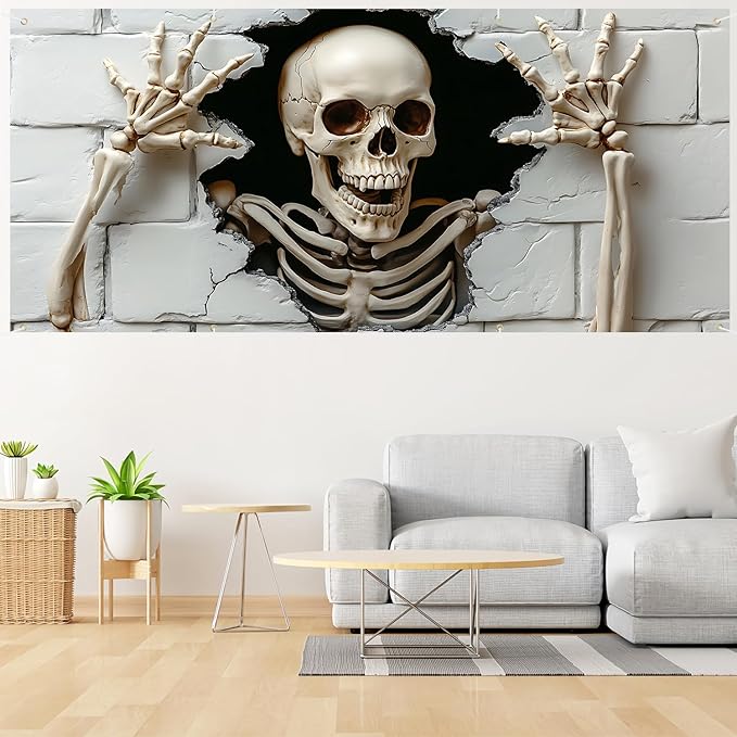 6 x 13 ft Halloween Garage Door Decorations Halloween decorations Witch Door Cover, Hanging Banner, Cauldron Backdrop Mural for Home, Outdoor, Indoor, Spooky Party, Wall, Window (Skull-2, 6 x 13 ft)
