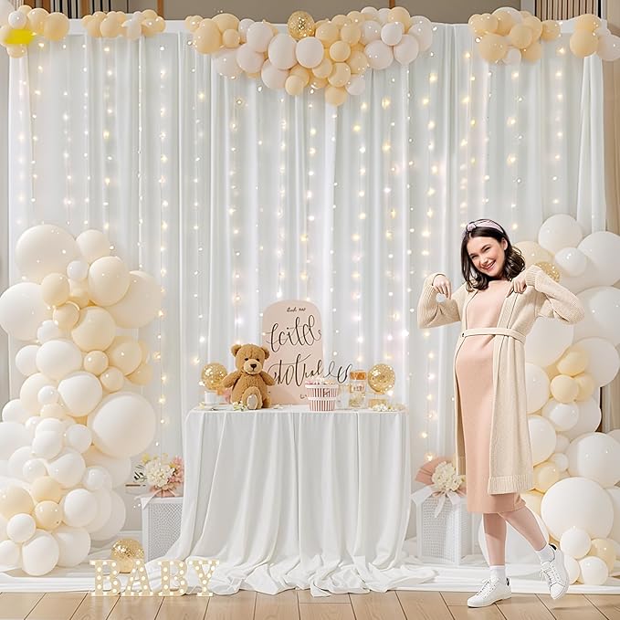 10ft x 10ft White Chiffon Backdrop Curtain with Lights String for Parties,2 Panels Sheer Tulle Curtain Wedding Backdrop with Lights for Baby Shower Birthday Party Ceremony Reception Home Decorations