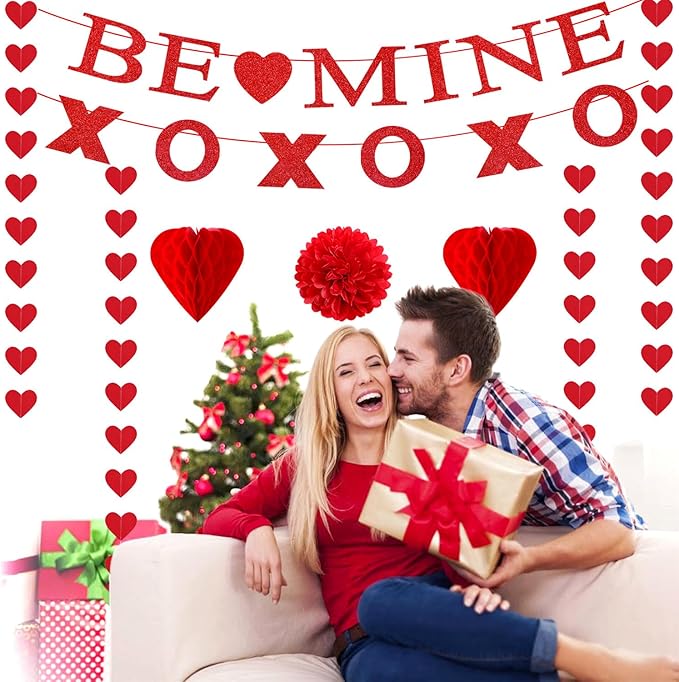 Valentines-Day Decorations Red-Heart Garland Galentines-Decor - 24pcs Tissue Paper Pom Poms Streamers Swirl,Be Mine Xoxo Banner,Love Romantic Special Night Anniversary Party Hanging Lasting Surprise