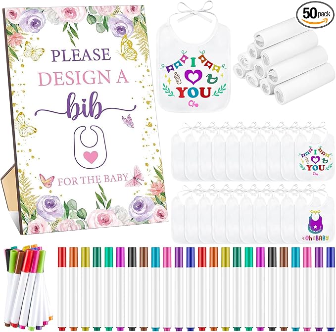 50 Pcs Baby Shower Game White Bib Kit Include 1 Wooden Baby Shower Game Sign 25 DIY Blank White Bibs 24 Colorful Markers(Butterfly)