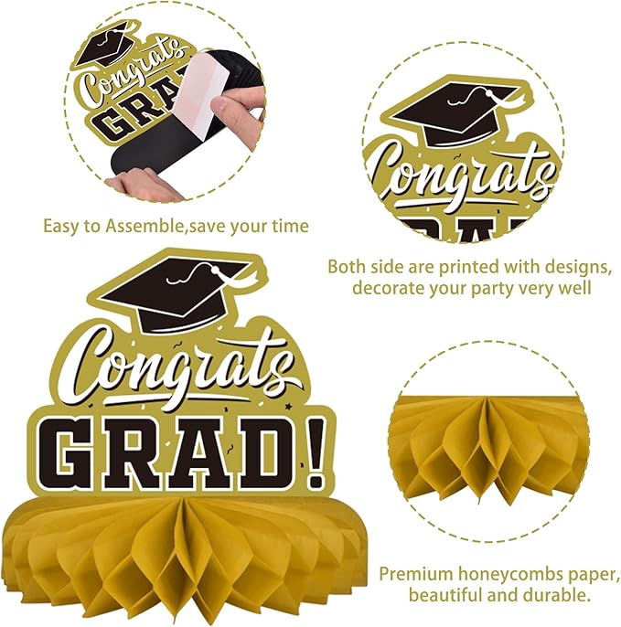 9PCS Graduation Party Decorations Class of 2026 Congrats Grad Table Centerpiece Congratulate Graduation Honeycomb Table Toppers for Graduation Party Supplies(Gold,Black）