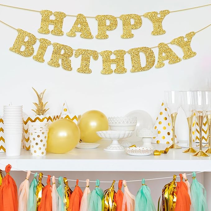 Glitter Gold Happy Birthday Banner Birthday Party Decorations Sign Garland Bunting Banner for Wall Decor Party Background for Kids Boys Girls Adults