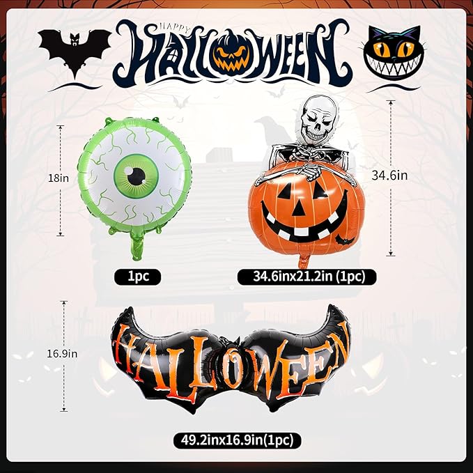 Halloween Balloons Garland Arch Kit, Orange Green Purple Balloons Arch Kit with Big Green Ghost Eye and Bat Skull Pumpkin Foil Balloon, Halloween Party Balloons For Home Garden Birthday Decorations