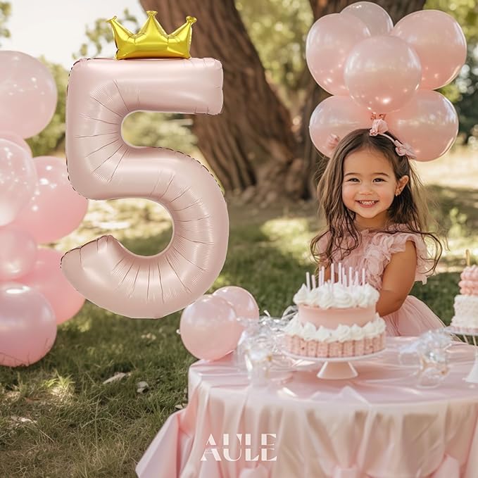 AULE 40 Inch Big Pink 5 Balloon Number with Crown Large Foil Helium Number Balloons 0-9 Jumbo Giant Happy 5th Birthday Party Decorations Huge Mylar Anniversary Party Supplies