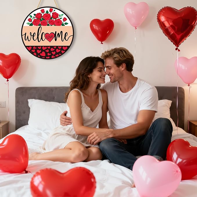 Valentines Day Decorations - Wreath Welcome Sign for Front Door | Rustic Round Wood Wreaths,Heart Rose Garland Outdoor Indoor - Valentines Decor Party Favors Supplies for Door Wall Room Porch Kitchen