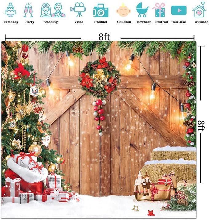 CYLYH 8x8FT Christmas Backdrop Barn Wood Door Photography Backdrop Xmas Tree Snow Gift Wall Floor Party Photo Background for Holiday New Year Party Banner Christmas Family Party Supplies