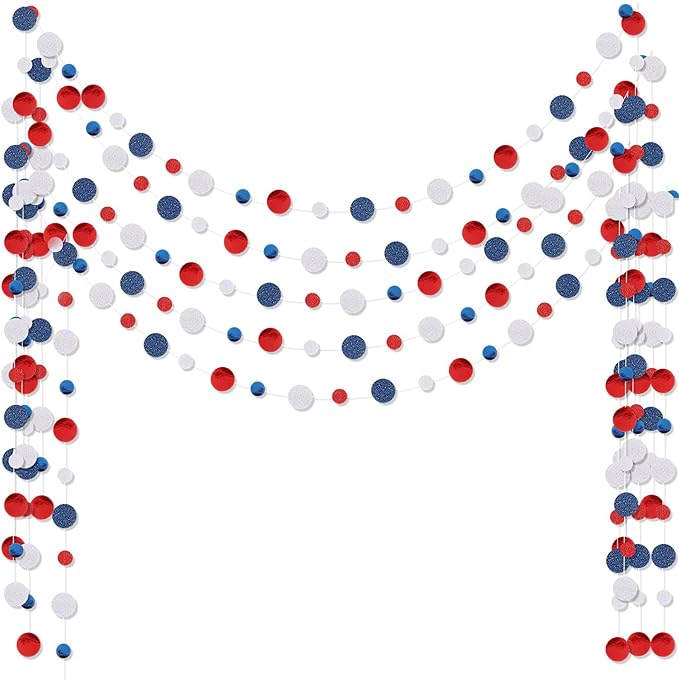 Outus 5 Pieces Blue,White,Red Round Dots Garland Easter Graduation Party Hanging Decor Each Length 13.1ft Glitter Paper Dot Streamers for Birthday Wedding Classroom