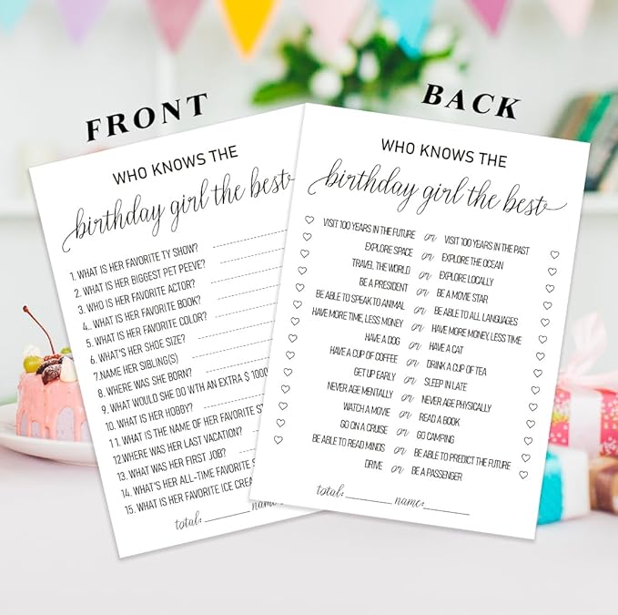 2 Sides Printed Birthday Party Game, Who Knows The Birthday Girl Best Game-Set of 30, How Well Do You Know the Birthday Girl, Bday Questionnaire Party Ideas-WKBG04