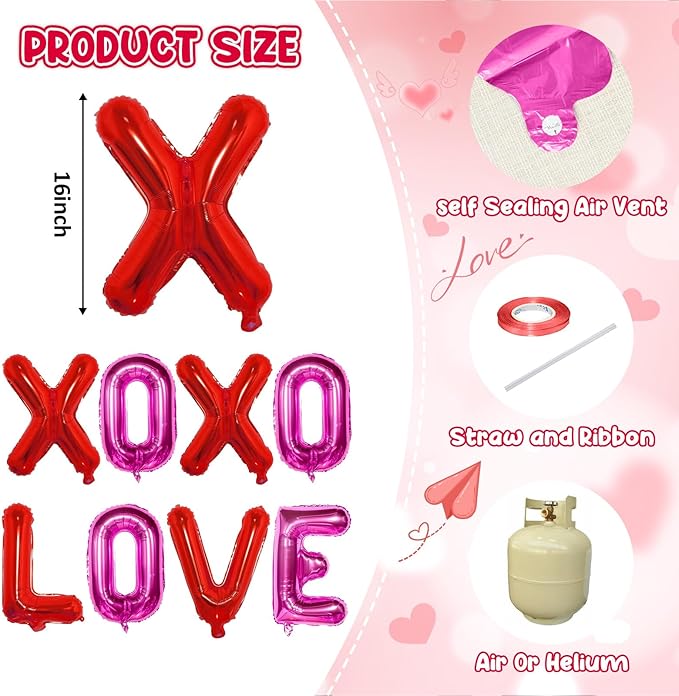 Red Pink XOXO Balloons and Love Balloon, 16 Inch Valentines Day Hot Pink Red XO Love Foil Letters Balloon Banner for Romantic Valentine Galentines Anniversary Bridal Shower Engagement Party Decoration