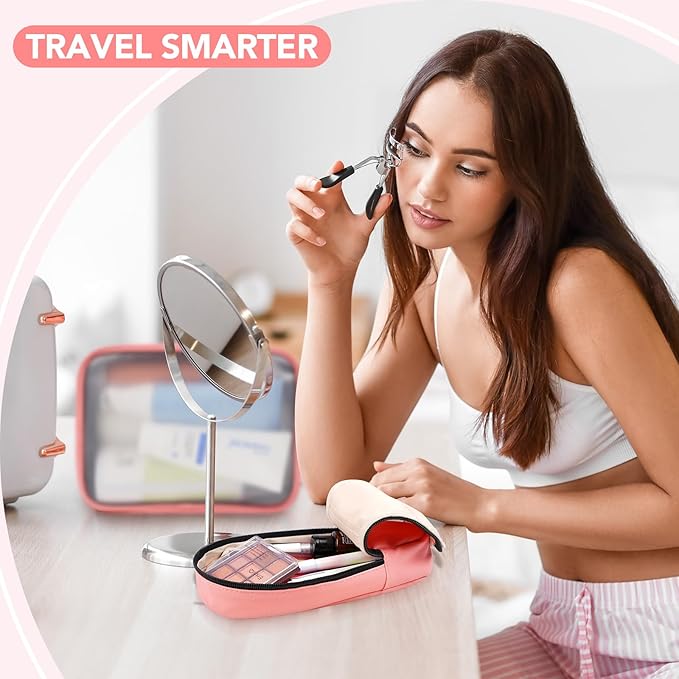 Travel Toiletry Bag Set for Women, Compact Size 5-Piece Hanging Organizer Kit with TSA Approved Cosmetic Bag, Jewelry Case & Cable Pouch, Waterproof Makeup Bag for Travel Essentials- Pink