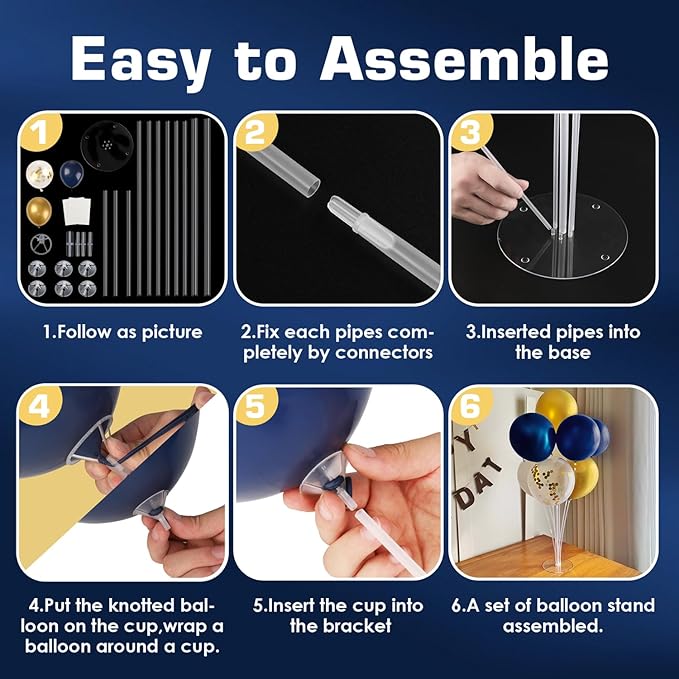 4 Sets Balloon Stand Kit, Balloon Sticks Holder with Navy and Gold Balloons for Table Centerpiece Graduation Birthday Father's Day New Year Party Decorations(Navy and Gold)