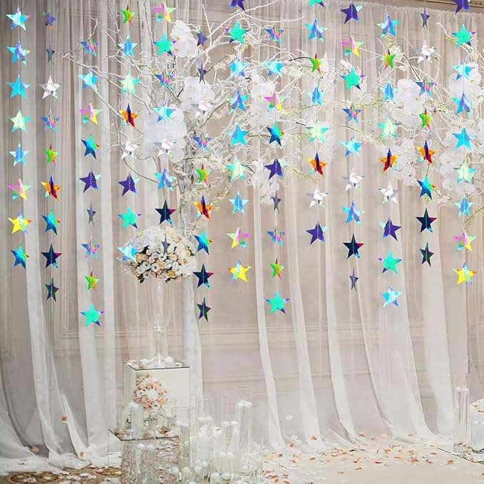 Iridescent Glitter Star Garland Hanging Decorations, Streamer Bunting Banner Decorations,65 Feet, Twinkle Star Backdrop for Graduation, Birthday, Wedding, Christmas Party, New Year (Iridescent)