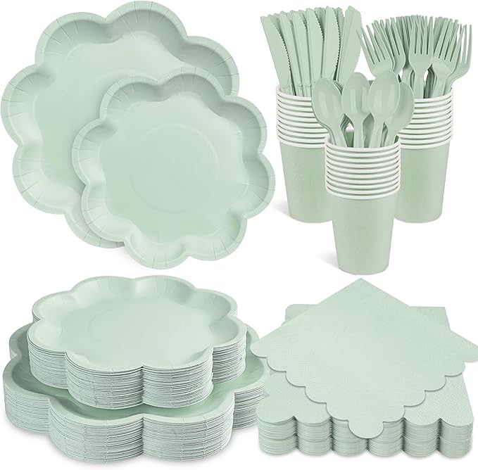 350 Pcs Sage Green Paper Plates and Napkins Set, 9" Easter Plates, 7" Scalloped Dessert Plate, 9oz Cup & Plastic Cutlery, Sage Green Party Supplies for Baby Shower Wedding Birthday, Serve for 50 Guest
