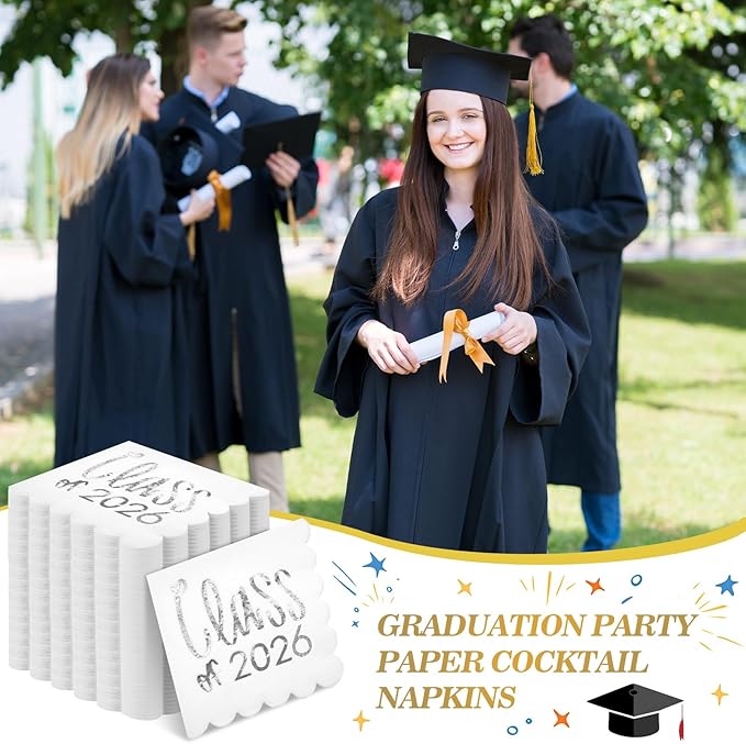 100 Pcs Class of 2026 Graduation Cocktail Napkins 5 x 5 Inch Congrats Grad Scalloped Paper Napkins for Dinner Beverage Graduate Decorations(Silver)