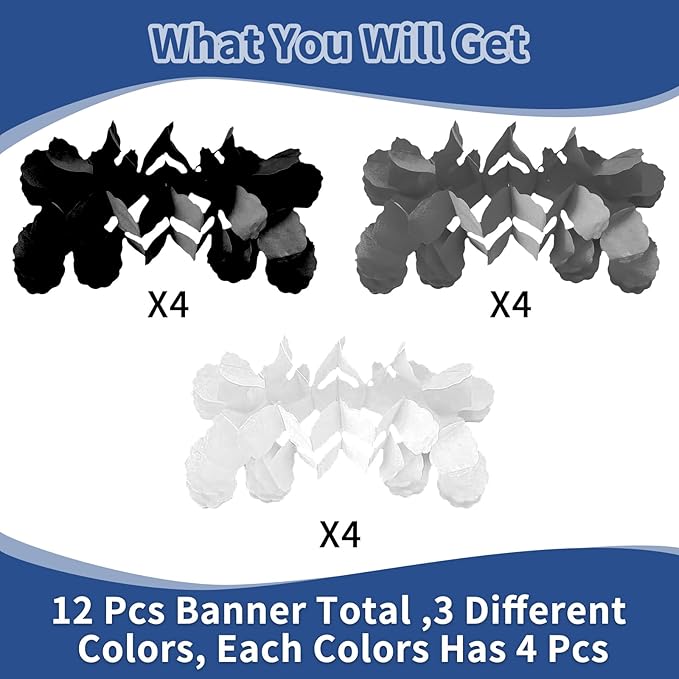 Black and Sliver-White Birthday Party-Decorations - Garland Streamers Banner Backdrop New Years Graduation Decorations 2026, Birthday Engagement Wedding Baby Bridal Shower Supplies Decor Garsellen