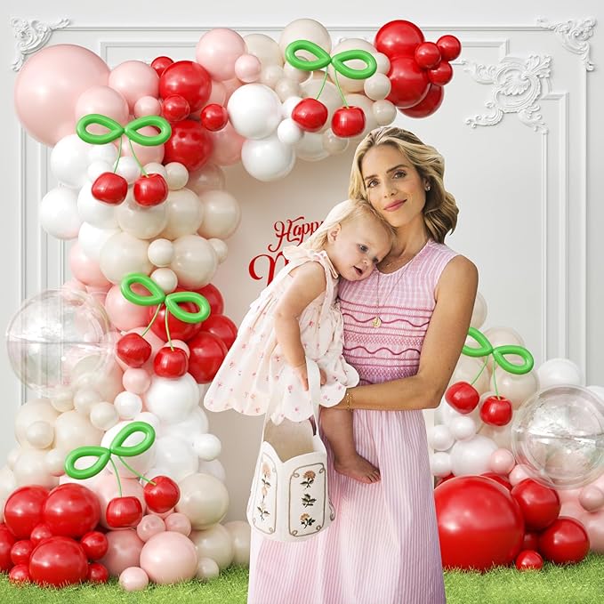 JOGAMS Cherry Balloon Arch Kit,193Pcs Cherry Party Decorations with Clear Red Pink White Sand Balloons for Cherry On Top Baby Shower Birthday Bridal Shower Wedding Valentine's Galentine's Day