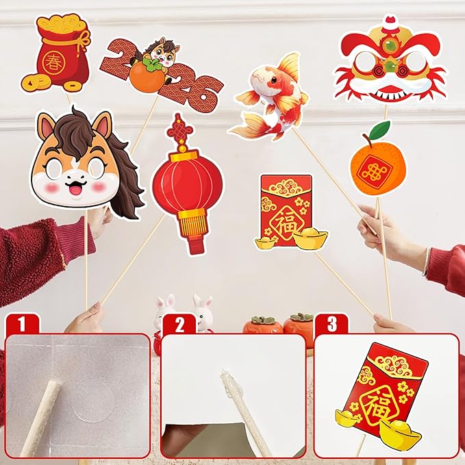 24PCS Chinese New Year Photo Booth Props,Chinese New Year Decoration 2026,Lunar New Year Decorations,Horse Year Paper Photo Props for Spring Festival Lunar New Year Present Game Party Supplies