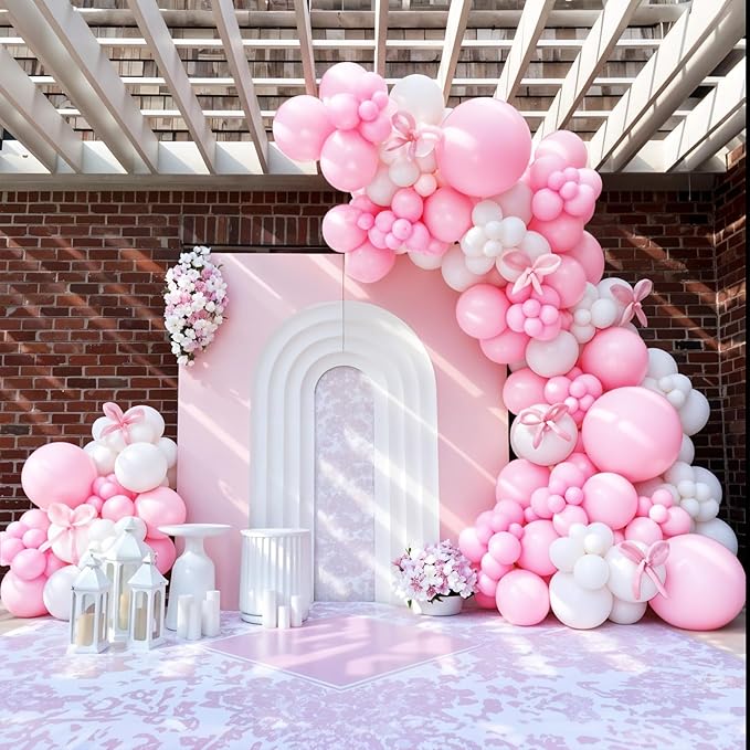 Bow Balloon Arch Kit, Pastel Baby Pink White Clear Bow Birthday Balloons for Princess Women Girl Pink Birthday Party Baby Shower Bachelorette Bridal Engagement Decorations
