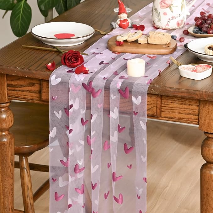Artoid Mode Pink Heart Gauze Table Runner 120 Inch 10FT,Glitter Metallic Foil Valentine’s Day Sheer Dining Anniversary Wedding Table Decor for Home Party