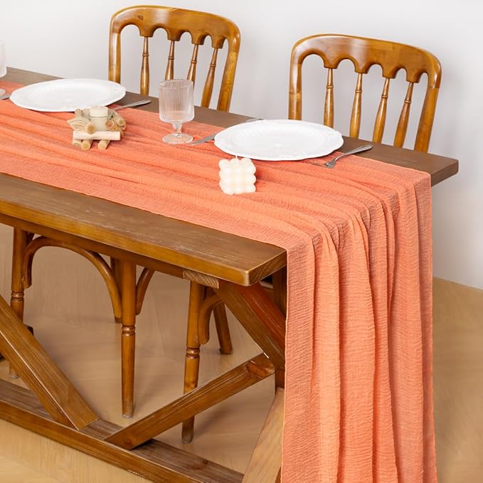Socomi 6pcs Peach Easter Spring Gauze Cheesecloth Table Runner 120 Inch Rustic Boho Cheese Cloth Runner for Wedding Party Baby Bridal Shower Centerpiece Decoration Holiday Home Decorations