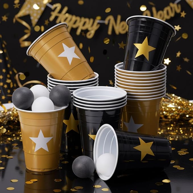 32 Pcs 2026 Graduation Party Star Game Set Include 16oz Black Gold Plastic Cups with 8 Balls, Plastic Cups for Graduation Party Decor Juice Beverage Outdoor Toss Game Supplies
