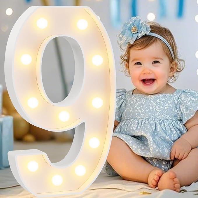 Pooqla Large Light Up Numbers for 9th Birthday Decorations, 12.6 in Tall White Plastic Marquee Numbers Sign Party Decorations, Gift for Girls Boys Night Light Wedding Anniversary Decor, Big Number 9
