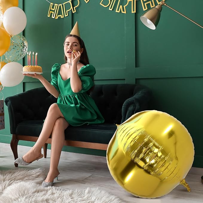 3 Pcs 32 Inch Metallic Gold Foil Giant Balloons 4d Jumbo Round Ball Large Holographic Balloons for Birthday Wedding Bridal Shower Anniversary Party Backdrop Decorations