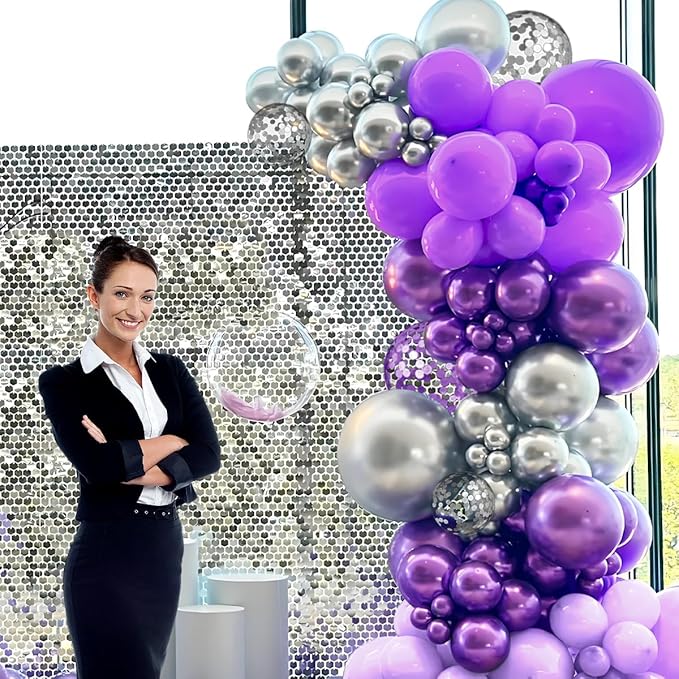 Purple Silver Balloon Arch Kit, 147PCS Pastel Purple Matte Lavender Violet Metallic Lilac Silver Confetti Balloons Garland for Baby Girl Princess Party Birthday