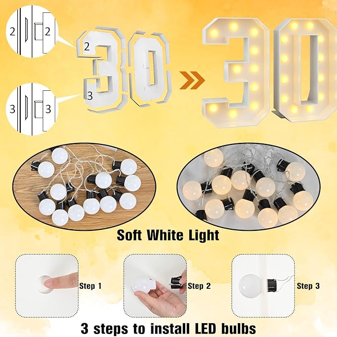 Marquee 4ft Numbers with Light up Number 30 White Mosaic Frame Slots-in Letter 30 for 30th Birthday Party Decorations Pre-Cut Cardboard Large Giant Cut-Out Thick Foam Board Sign Anniversary